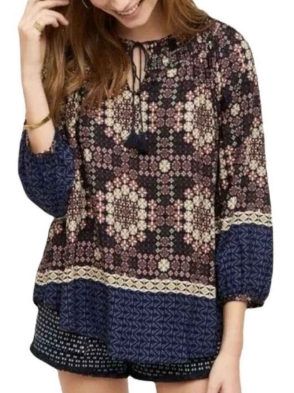 11.1 TYLHO Anthropologie Boho Tassel Tie Blouse Long Sleeve Tunic Top - Medium